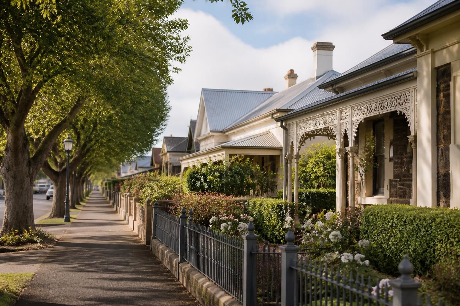 Welcoming Ballarat streetscape with heritage homes and tidy gardens.