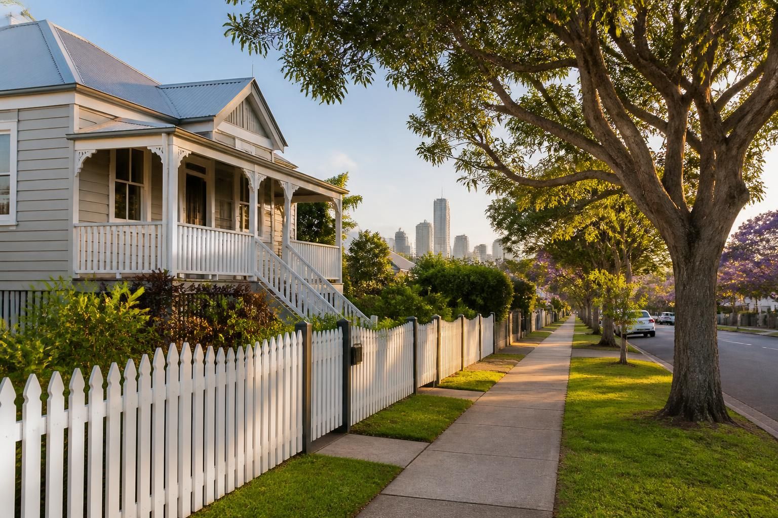 Welcoming Brisbane neighborhood with warm light and clean streets.