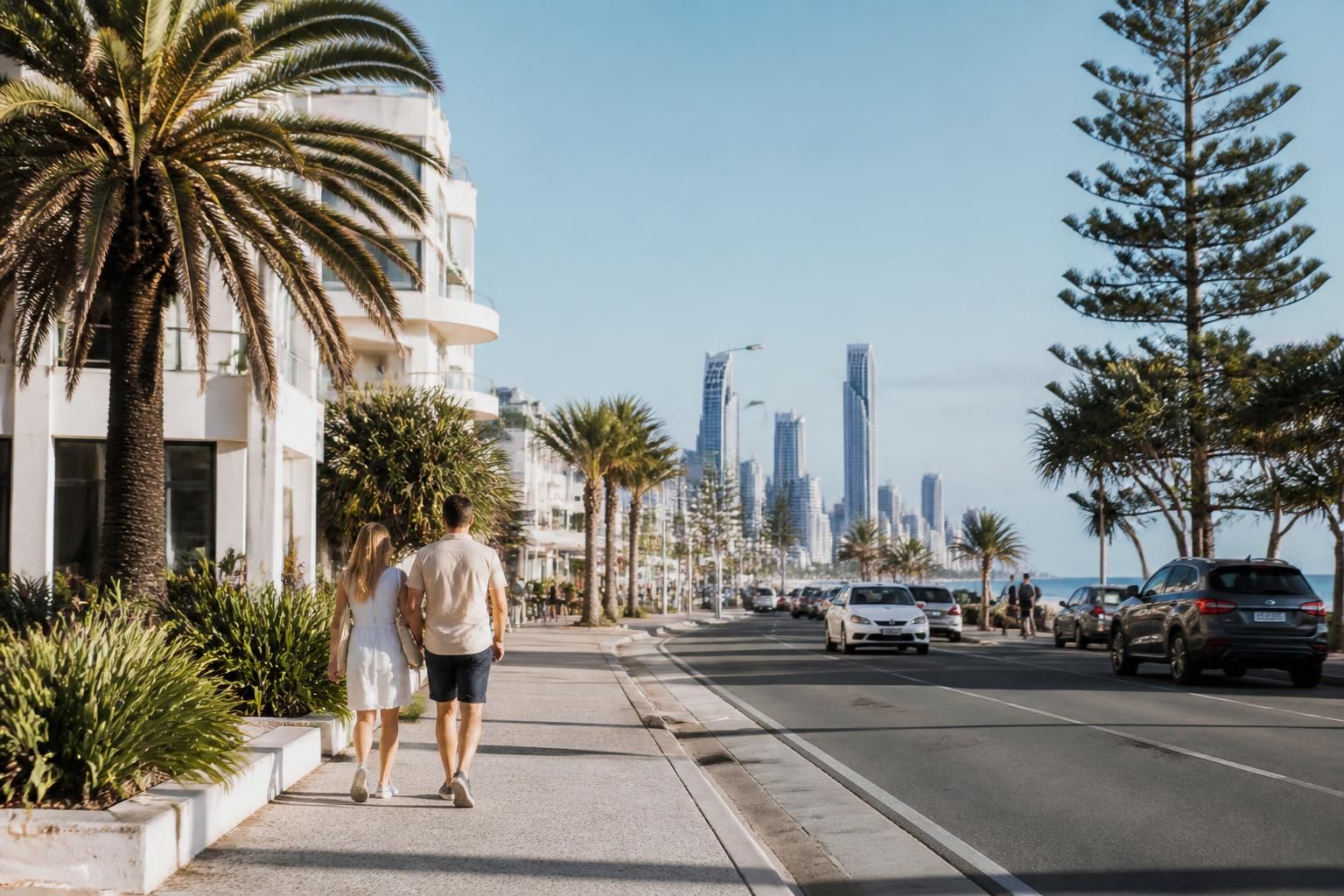 Welcoming Gold Coast scene with palm-lined streets and relaxed atmosphere.